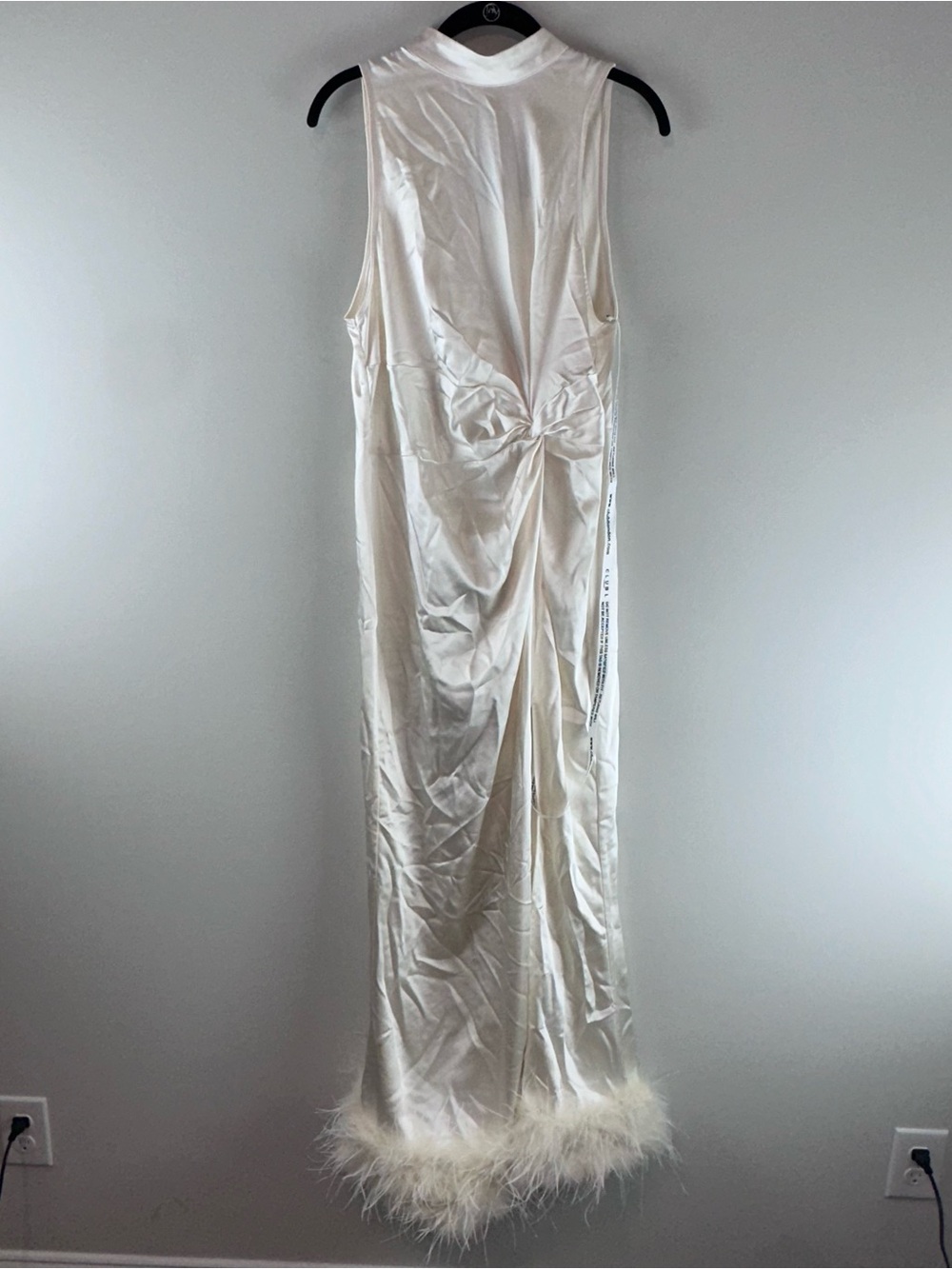 Club London Zoe Satin Cream Split Feather Hem Maxi Dress Women Size 12